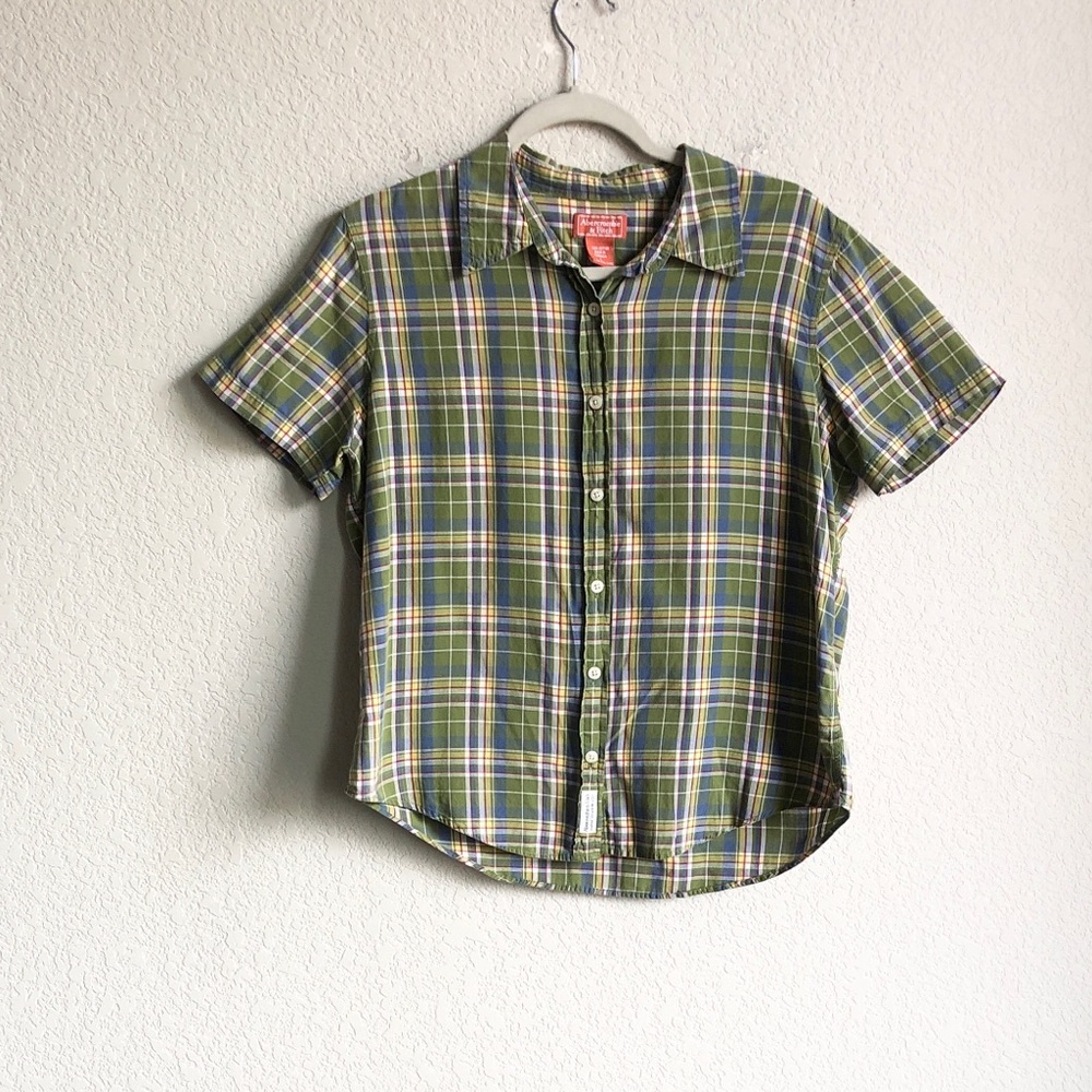 Abercrombie and Fitch Y2K Vintage Green Plaid Short Sleeve Shirt 100% Cotton